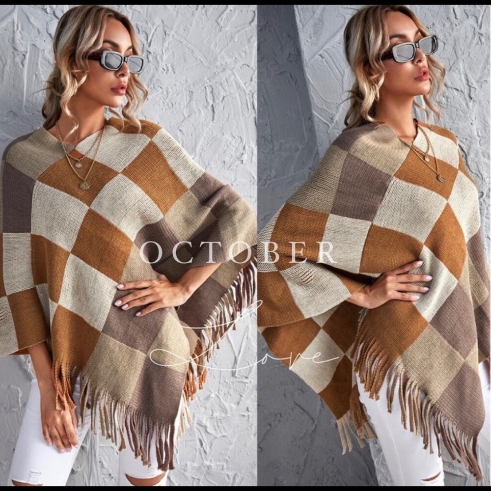 New! Clearance 🔥Trendy Tan Neutral Poncho Fringes Knit Soft